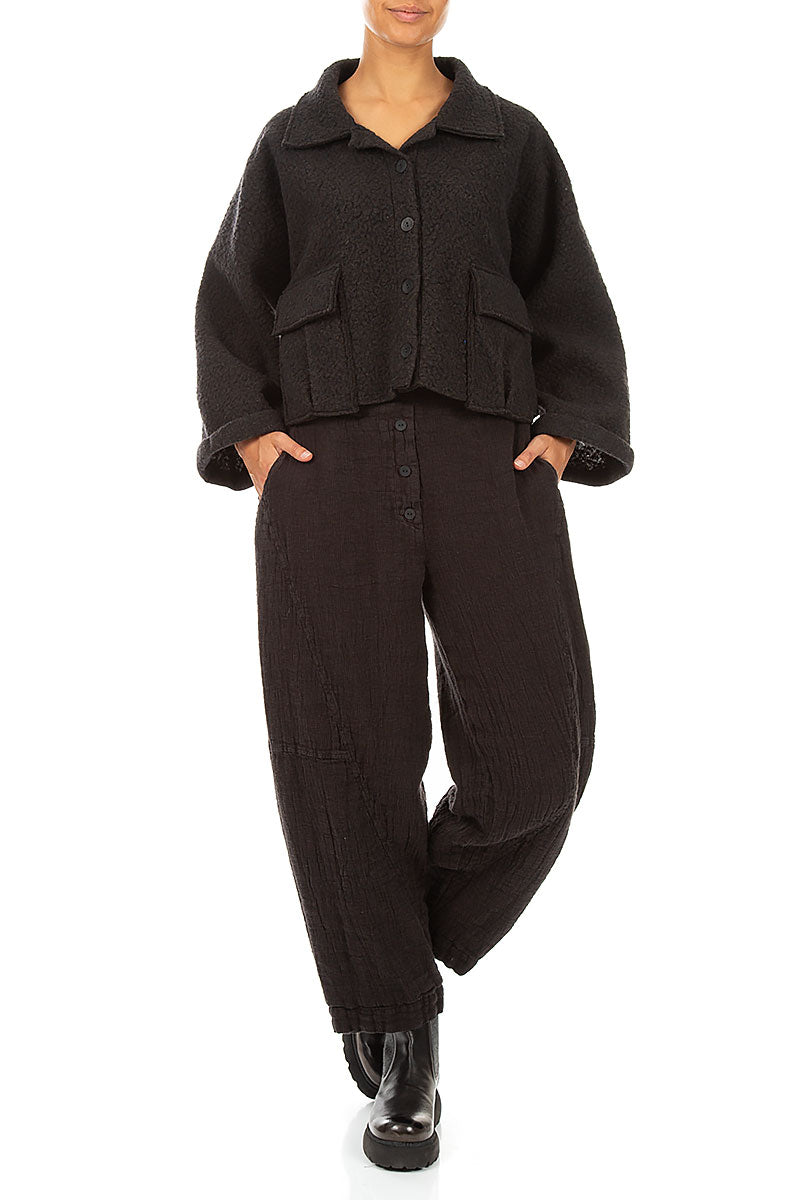 Collar Neck Short Charcoal Plush Wool Coat 4