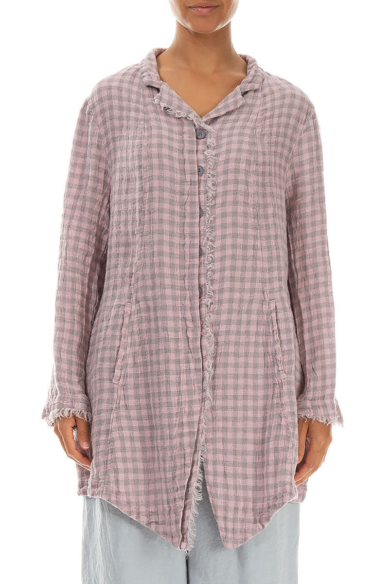 Collar Raw Edge Pink Check Linen Jacket