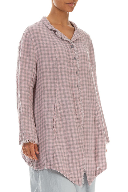 Collar Raw Edge Pink Check Linen Jacket 3