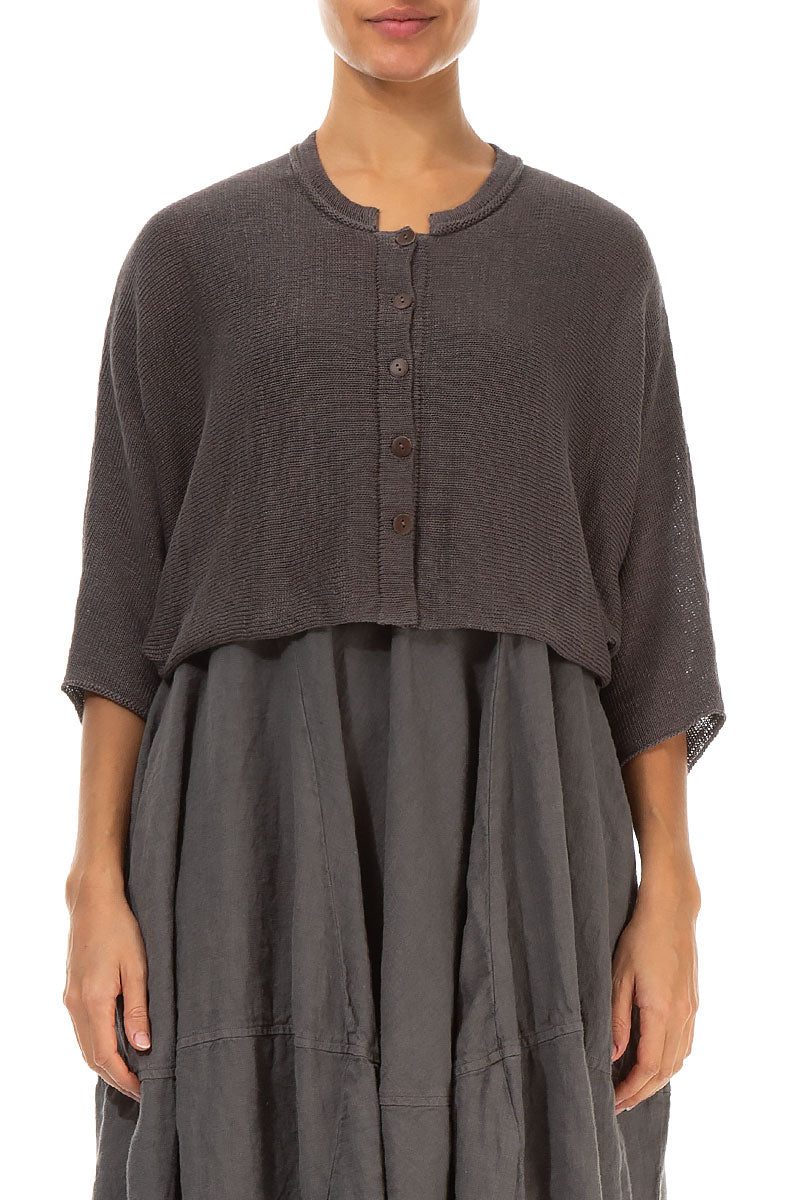 Collar Rounded Brown Linen Cardigan 1