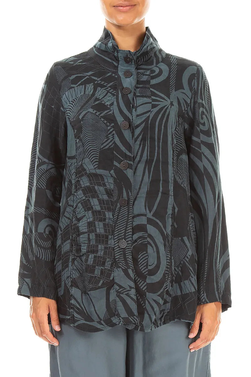 Collar Textured Slate Orbit Silk Linen Jacket