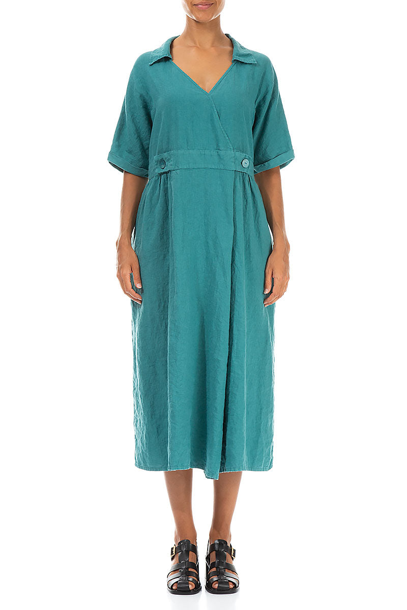 Collar V-Neck Turquoise Linen Dress 1