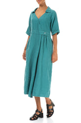 Collar V-Neck Turquoise Linen Dress 3