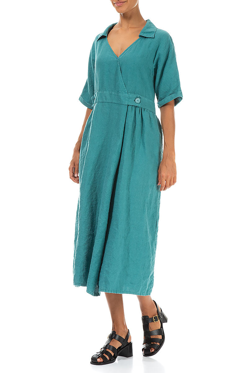 Collar V-Neck Turquoise Linen Dress 3