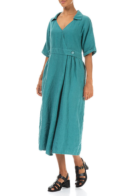 Collar V-Neck Turquoise Linen Dress 3