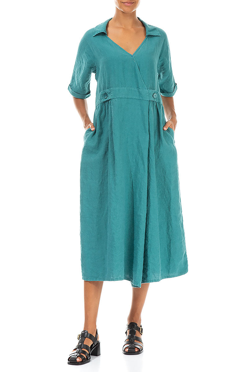 Collar V-Neck Turquoise Linen Dress 4