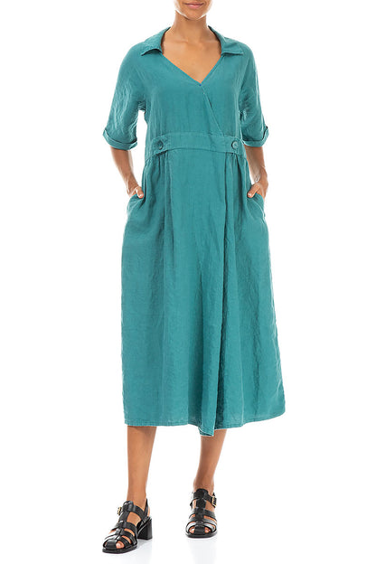 Collar V-Neck Turquoise Linen Dress 4