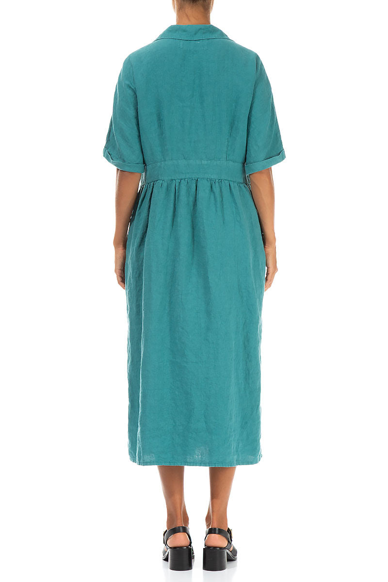 Collar V-Neck Turquoise Linen Dress 2
