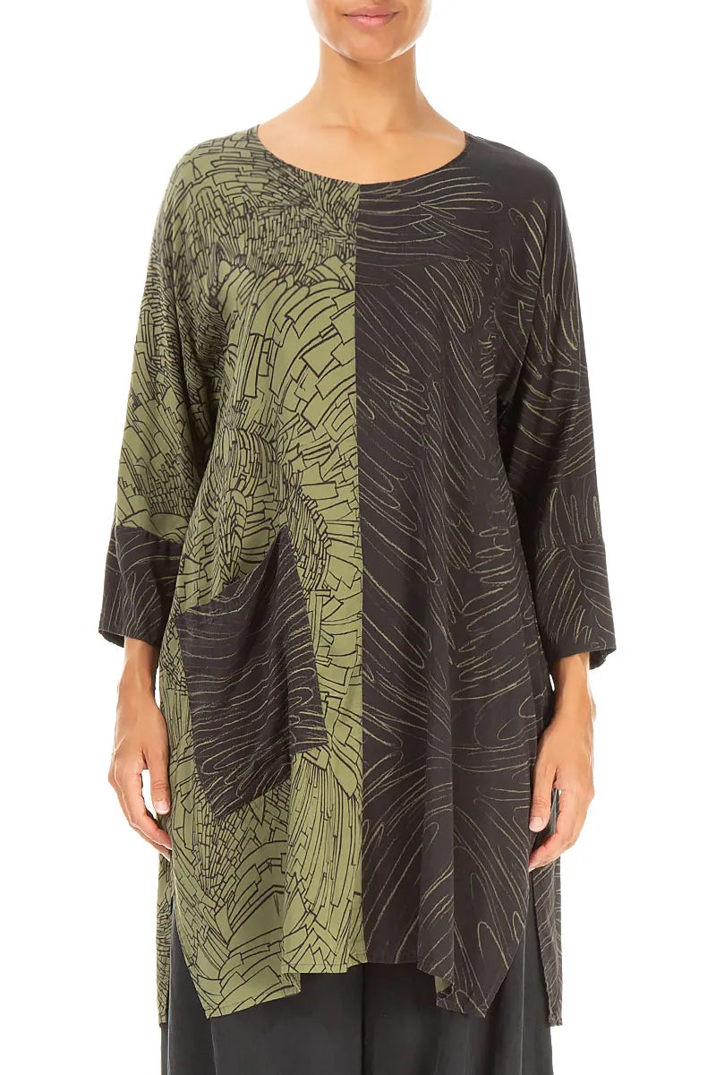 Contrasting Pocket Printed Forest Mist Silk Tunic 1