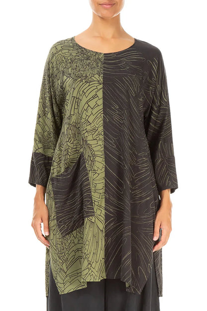 Contrasting Pocket Printed Forest Mist Silk Tunic 1