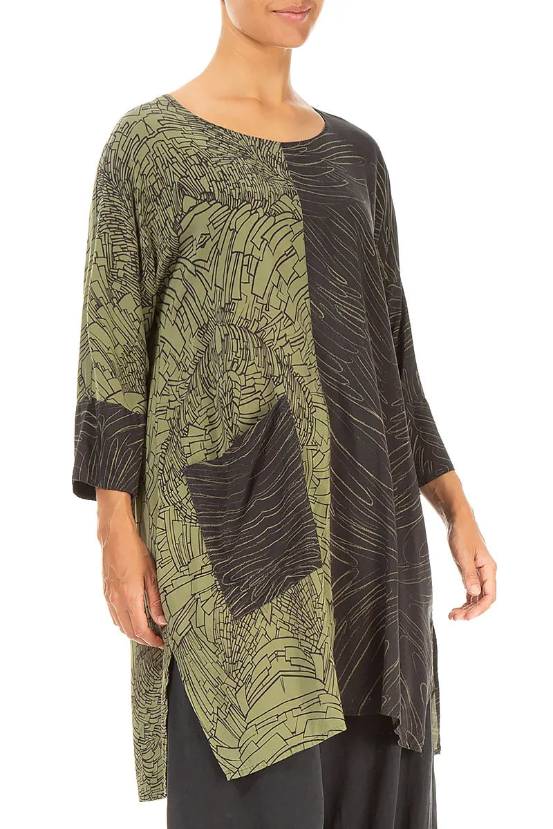 Contrasting Pocket Printed Forest Mist Silk Tunic 3