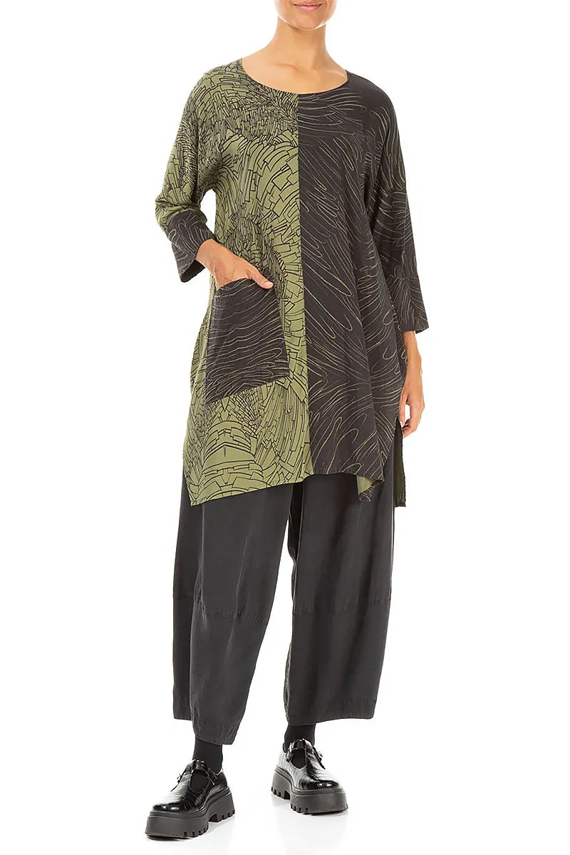 Contrasting Pocket Printed Forest Mist Silk Tunic 4