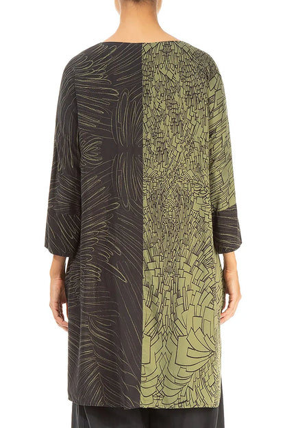 Contrasting Pocket Printed Forest Mist Silk Tunic 2