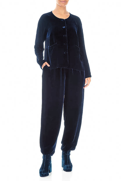 Covered-Button Royal Blue Silk Velvet Jacket