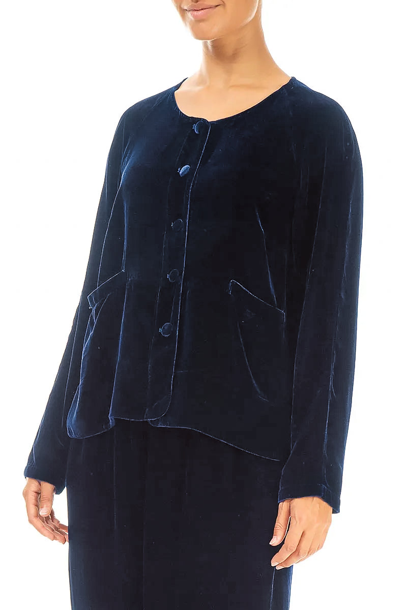 Covered-Button Royal Blue Silk Velvet Jacket