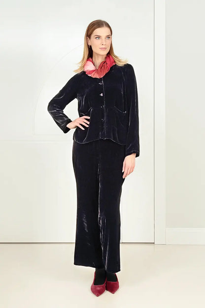 Covered-Button Slate Blue Silk Velvet Jacket