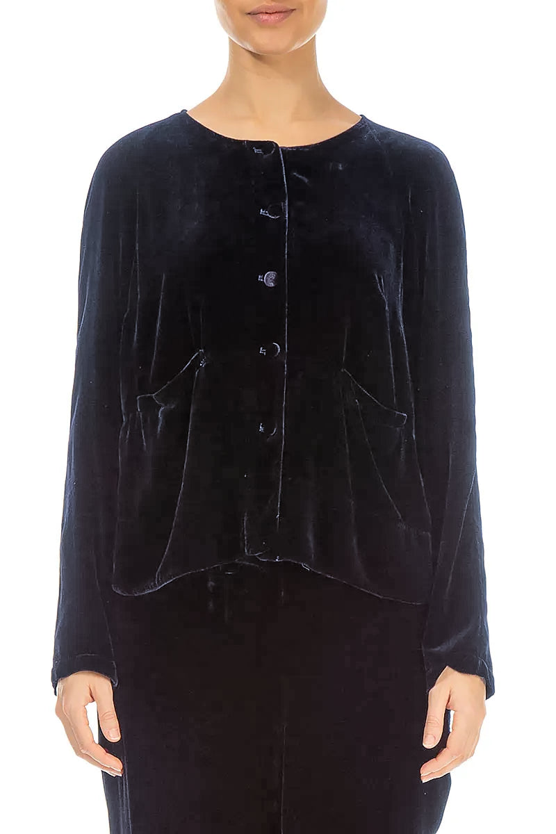 Covered-Button Slate Blue Silk Velvet Jacket