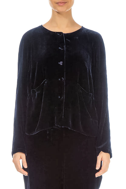 Covered-Button Slate Blue Silk Velvet Jacket