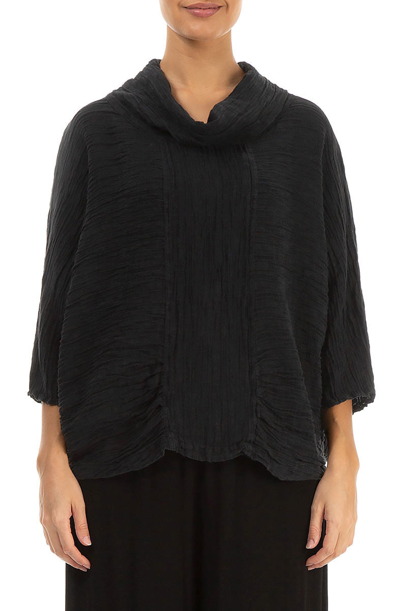 Cowl Neck Crinkled Black Silk Blouse 1