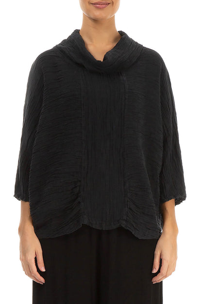 Cowl Neck Crinkled Black Silk Blouse 1