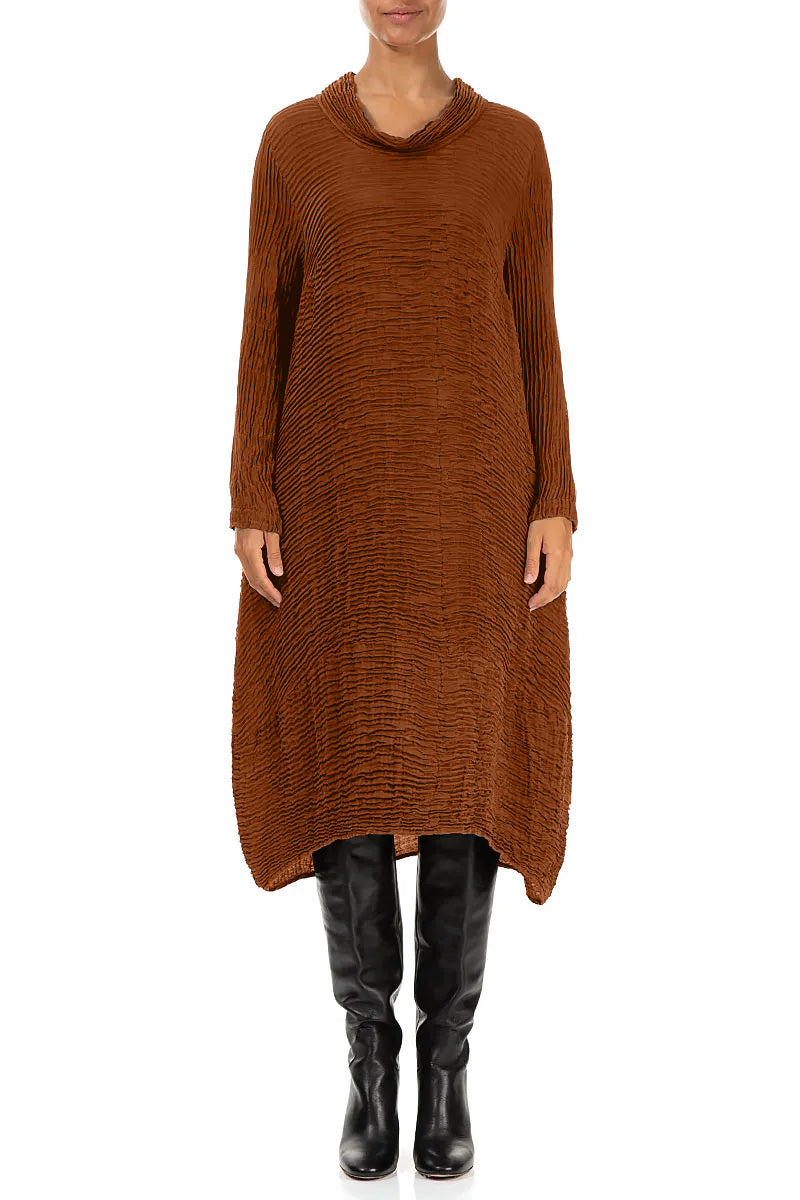 Cowl Neck Aged Copper Plissé Silk Dress 1