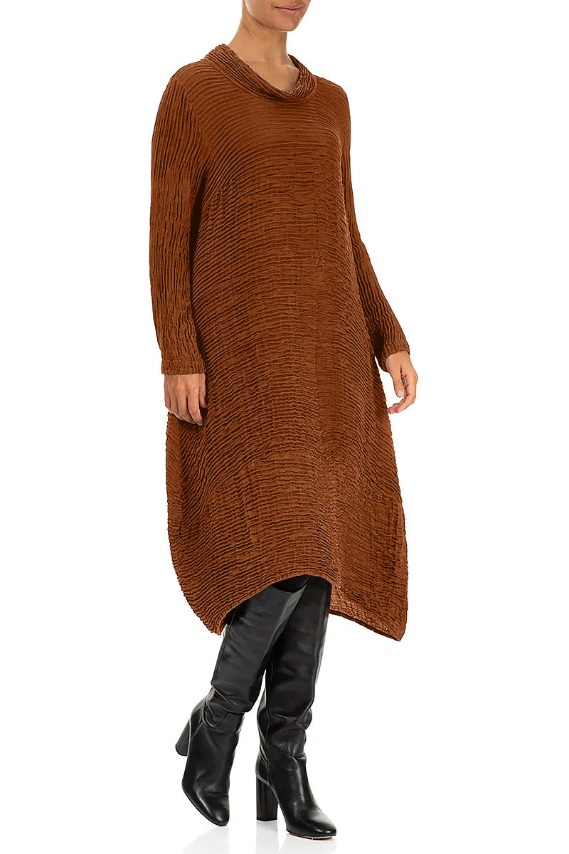Cowl Neck Aged Copper Plissé Silk Dress 3