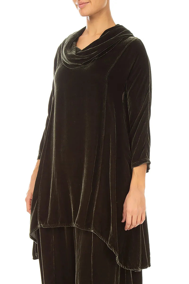 Cowl Neck Asymmetric Olive Silk Velvet Tunic 3