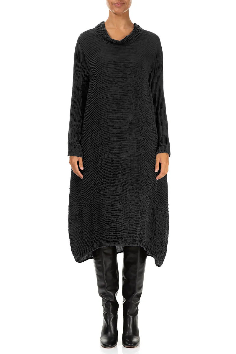 Cowl Neck Black Plissé Silk Dress 1