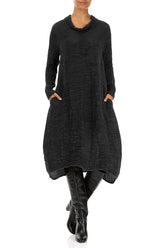 Cowl Neck Black Plissé Silk Dress 4