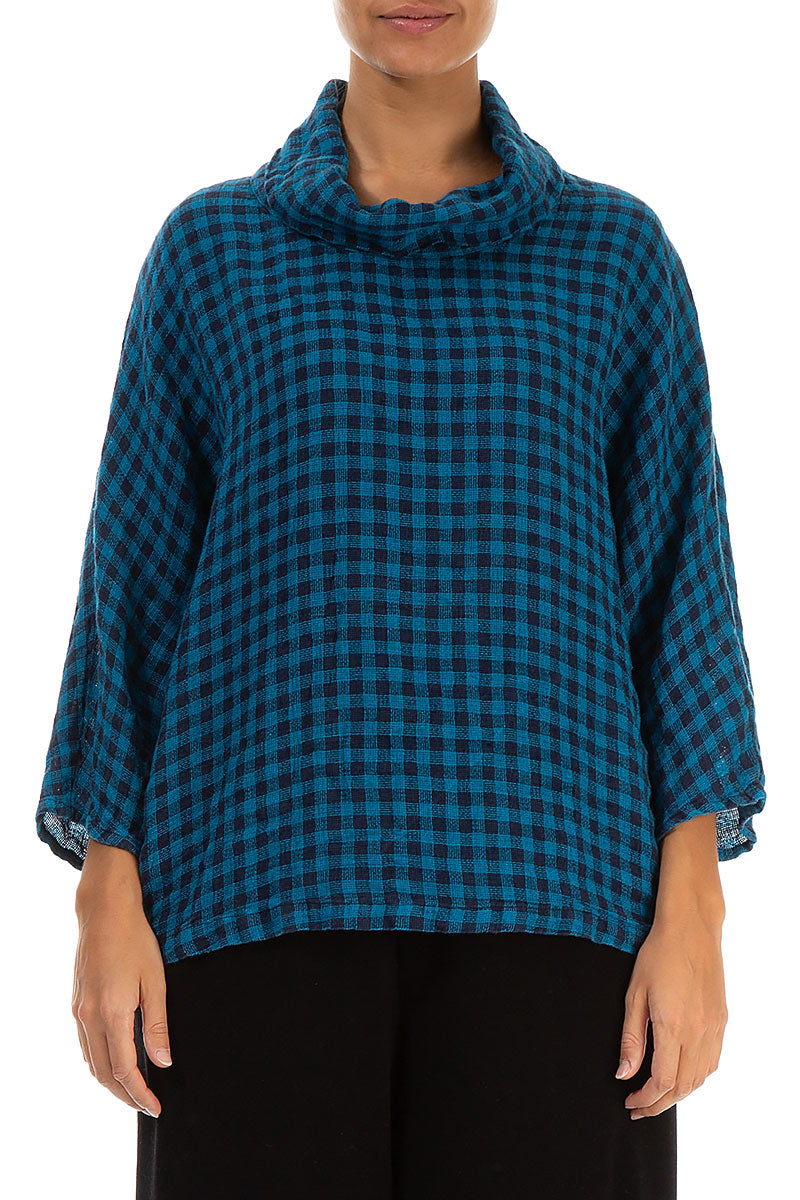 Cowl Neck Blue Check Linen Blouse 1
