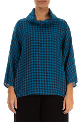 Cowl Neck Blue Check Linen Blouse 1