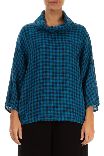 Cowl Neck Blue Check Linen Blouse 1