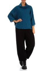 Cowl Neck Blue Check Linen Blouse 4