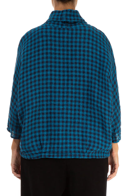 Cowl Neck Blue Check Linen Blouse 2