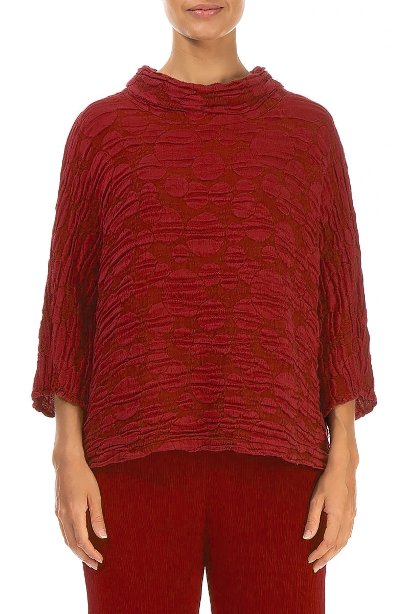 Cowl Neck Cherry Red Circle Silk Linen Blouse 1
