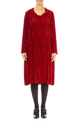 Cowl Neck Cherry Red Devoré Feather Crumpled Silk Velvet Dress 1