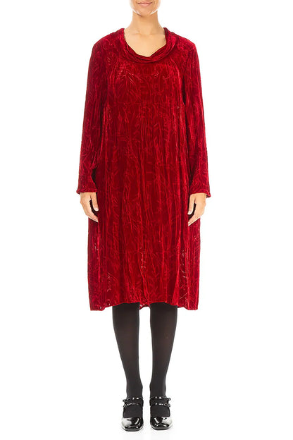 Cowl Neck Cherry Red Devoré Feather Crumpled Silk Velvet Dress 1