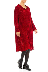 Cowl Neck Cherry Red Devoré Feather Crumpled Silk Velvet Dress 3
