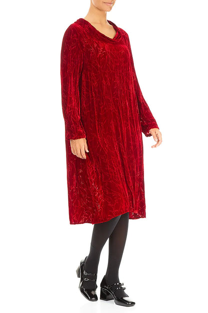 Cowl Neck Cherry Red Devoré Feather Crumpled Silk Velvet Dress 3
