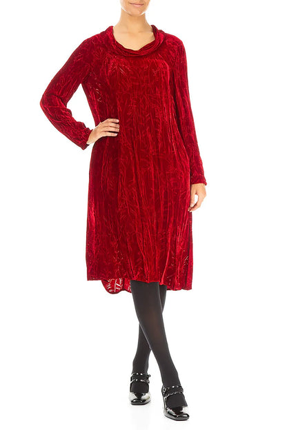 Cowl Neck Cherry Red Devoré Feather Crumpled Silk Velvet Dress 4