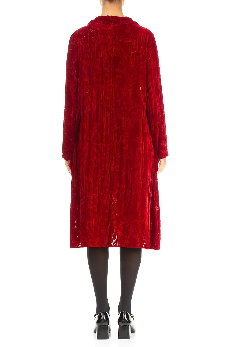 Cowl Neck Cherry Red Devoré Feather Crumpled Silk Velvet Dress 2