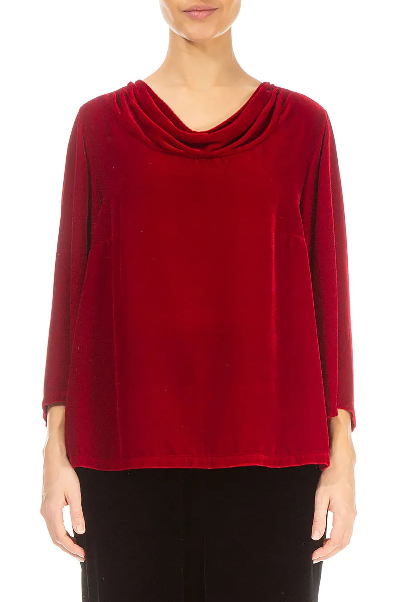 Cowl Neck Cherry Red Silk Velvet Blouse 1