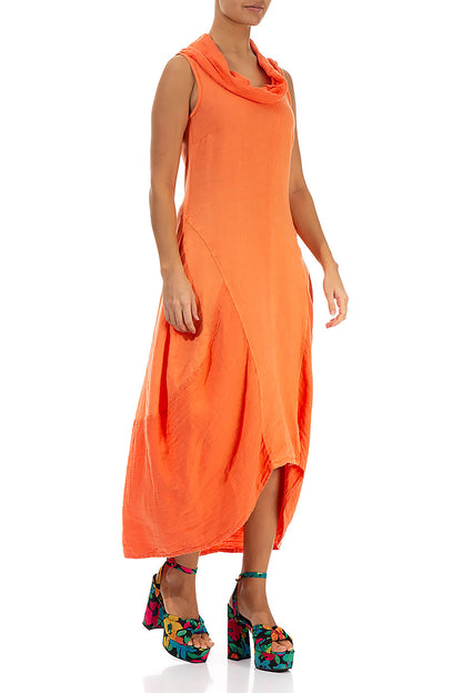 Cowl Neck Coral Linen Dress 3
