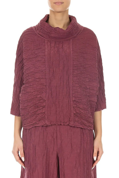 Cowl Neck Crinkled Antique Ruby Silk Linen Blouse