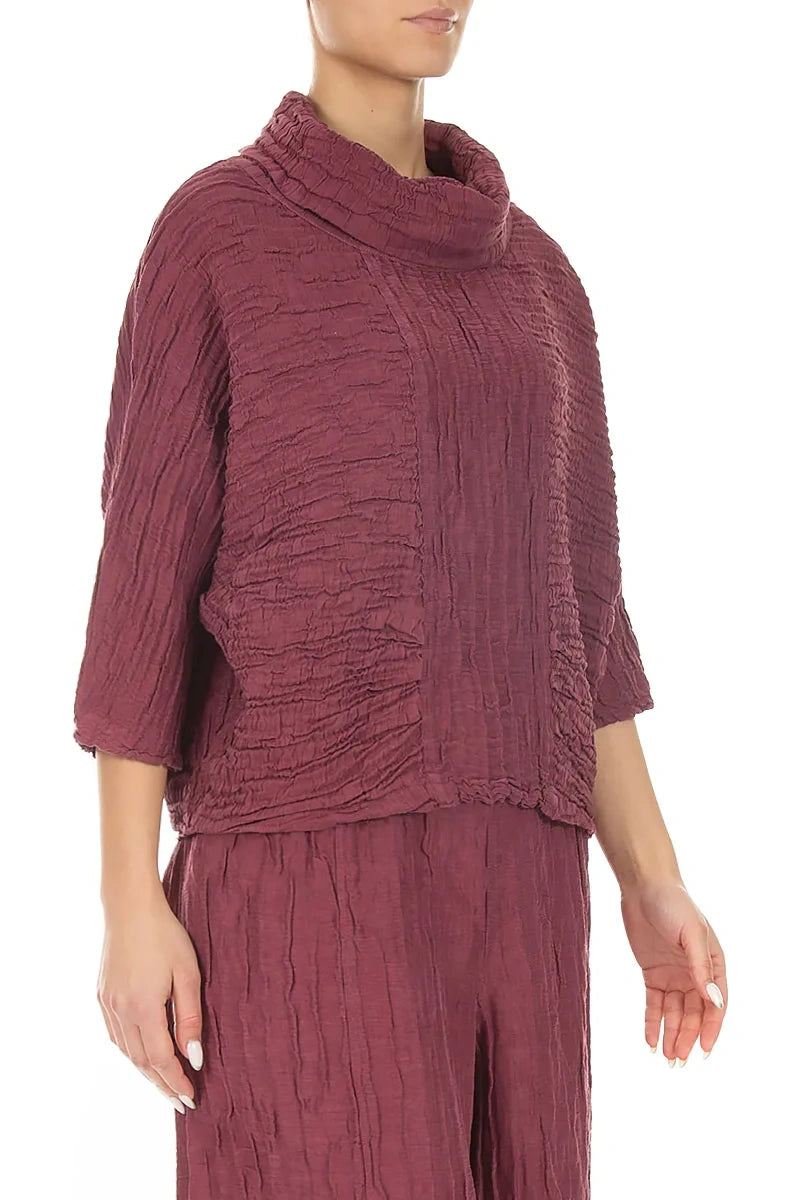 Cowl Neck Crinkled Antique Ruby Silk Linen Blouse