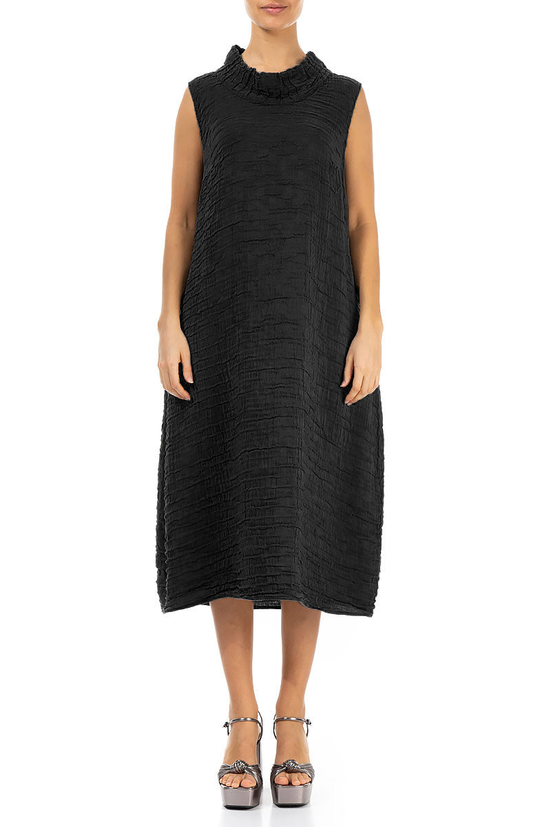 Cowl Neck Crinkled Black Silk Linen Dress 1