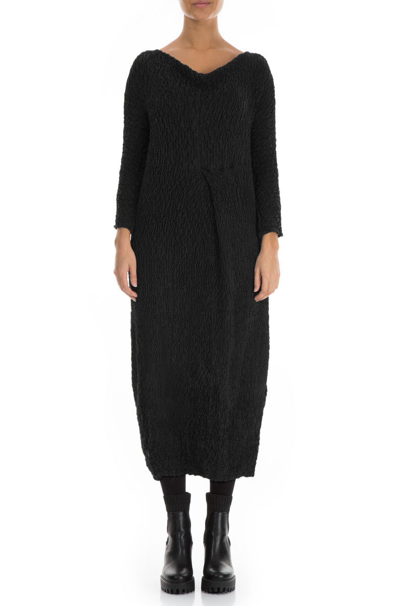Cowl Neck Black Crinkled Silk Dress 1