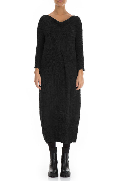 Cowl Neck Black Crinkled Silk Dress 1