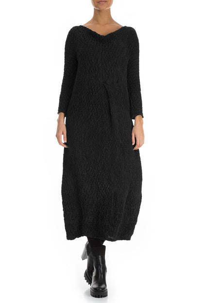 Cowl Neck Black Crinkled Silk Dress 3