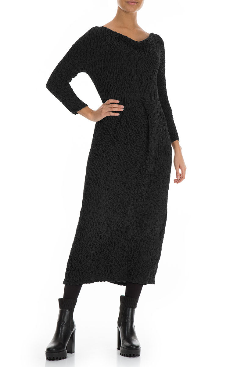 Cowl Neck Black Crinkled Silk Dress 4
